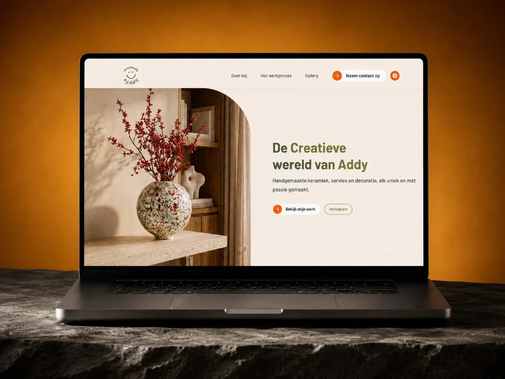 Website mockup op laptop, creatief portfolio design